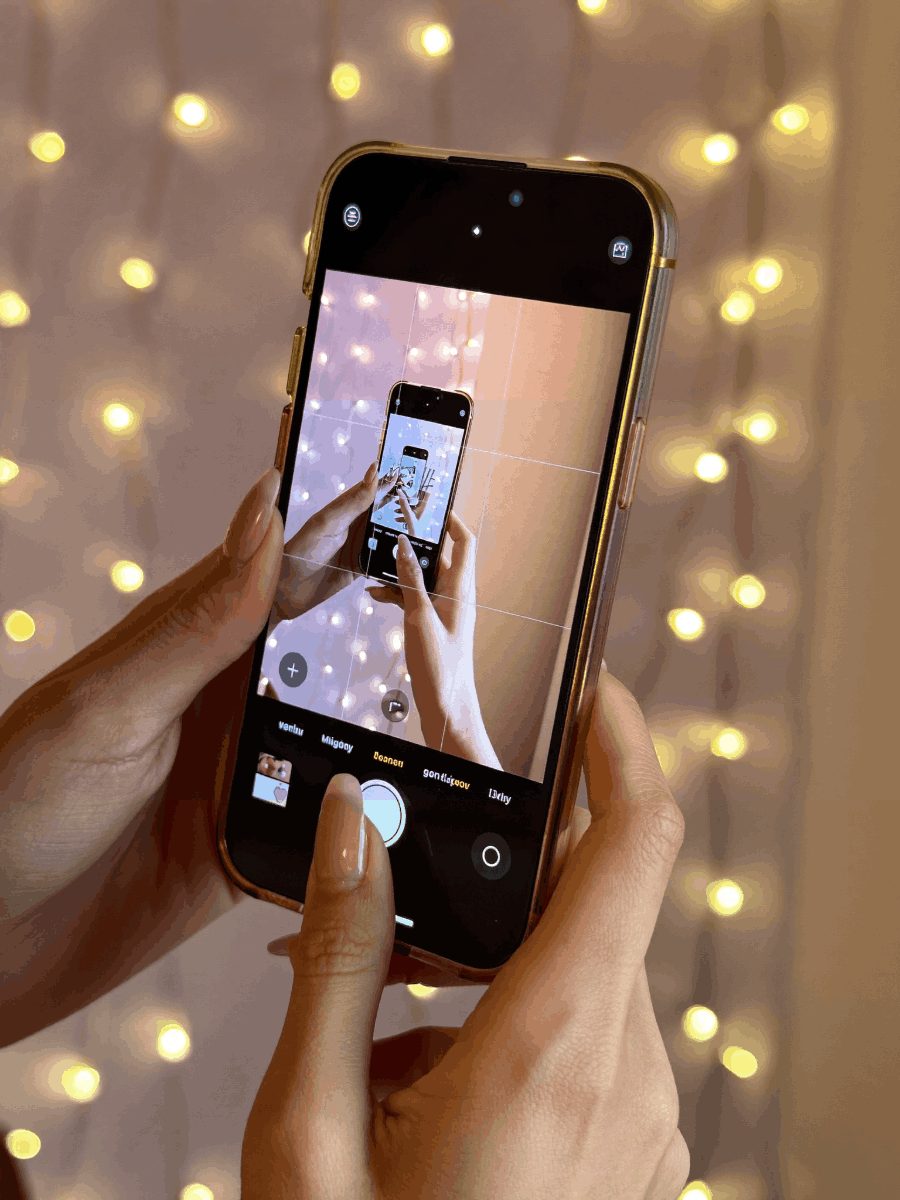 Hände halten ein iPhone mit Kamera-App und Raster